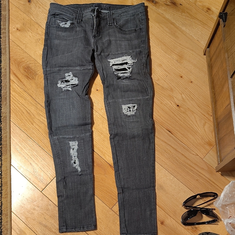 Frankie B. Charcoal Distressed Studded Skinny Jeans